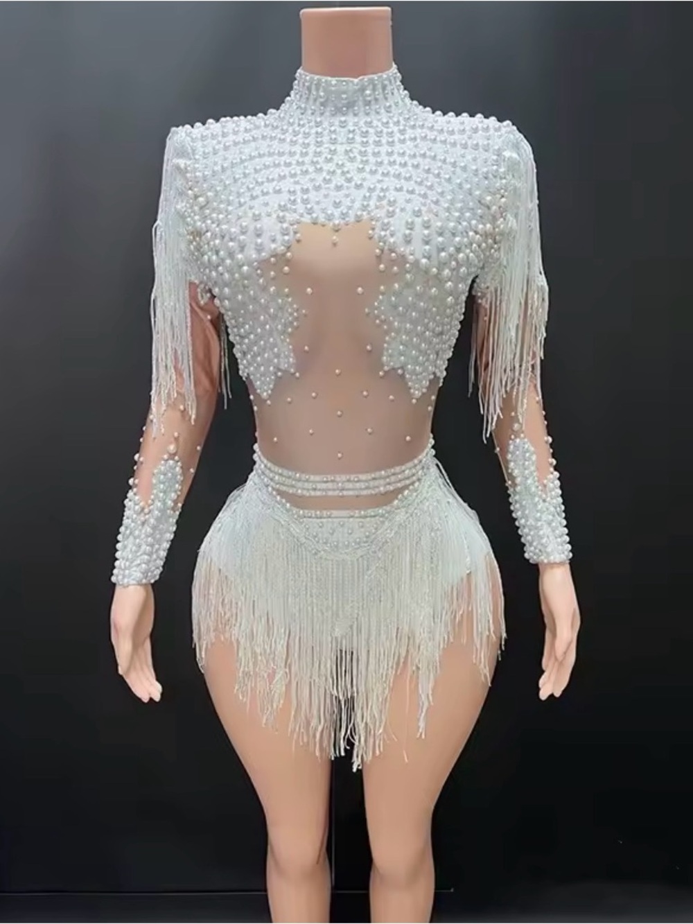 White Pearl Fringe Long-Sleeve Dance Top